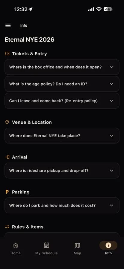The Eternal NYE info screen, with FAQ questions grouped under tickets and entry, venue, arrival and parking.