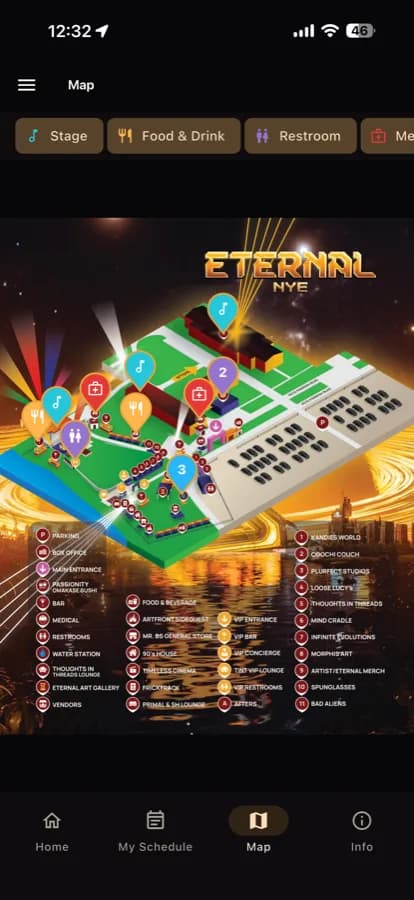 The Eternal NYE map screen showing the illustrated site map with coloured category pins and filter chips.